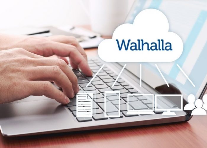 una persona tecleando en un ordenador portátil. vemos superpuesto el logo de Walhalla dentro de una infografía que muestra una nube conectada a varios dispositivos