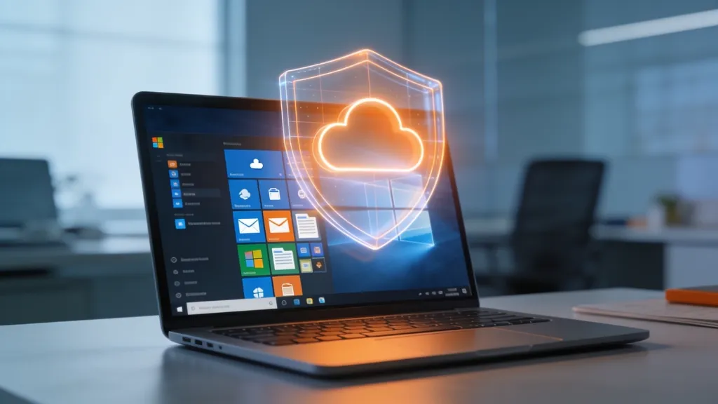 Backup Office 365: laptop con escudo de seguridad y nube digital, representando la protección y respaldo de datos en la nube.