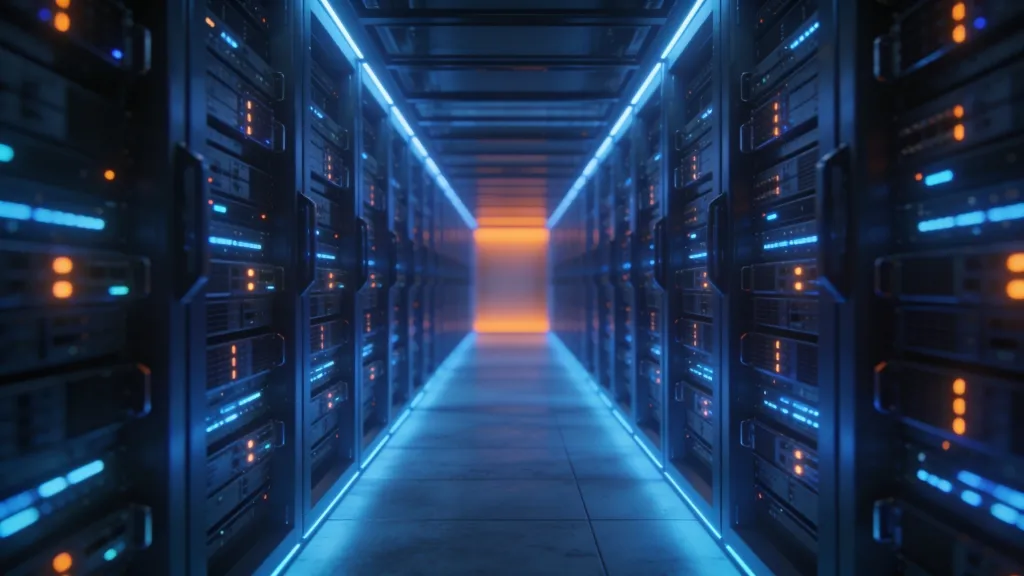Pasillo de centro de datos con racks de servidores iluminados en azul, simbolizando infraestructura de recuperación ante desastres (disaster recovery).