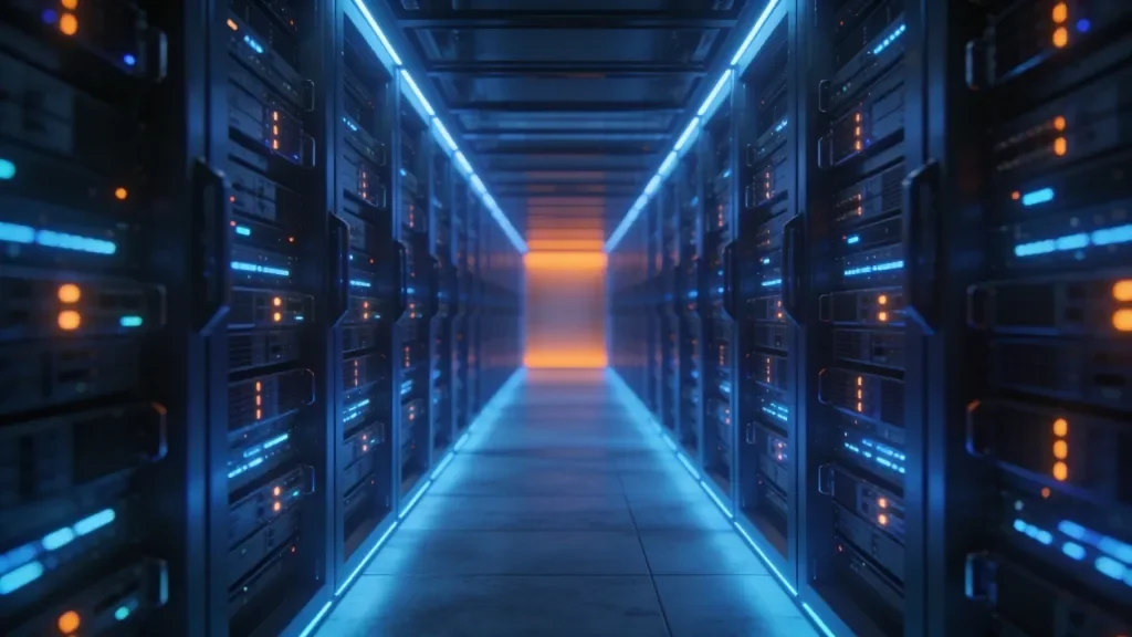 Pasillo de centro de datos con racks de servidores iluminados en azul, simbolizando infraestructura de recuperación ante desastres (disaster recovery).