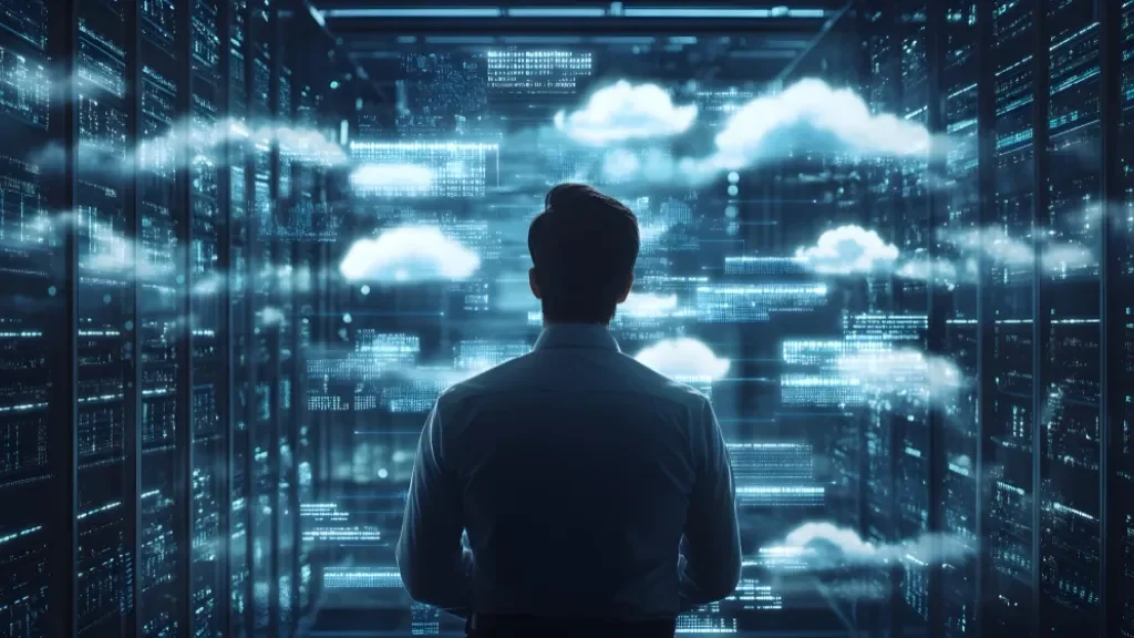 Trabajador IT en un centro de File Server en la nube (ilustración con IA).