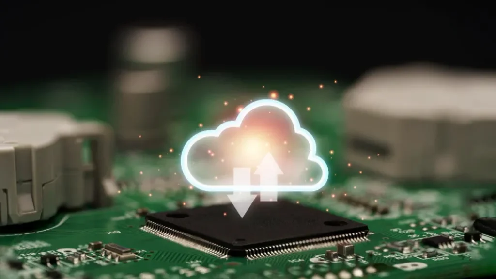 Microchip con una ilustración digital de una nube recibiendo datos superpuesta al chip.